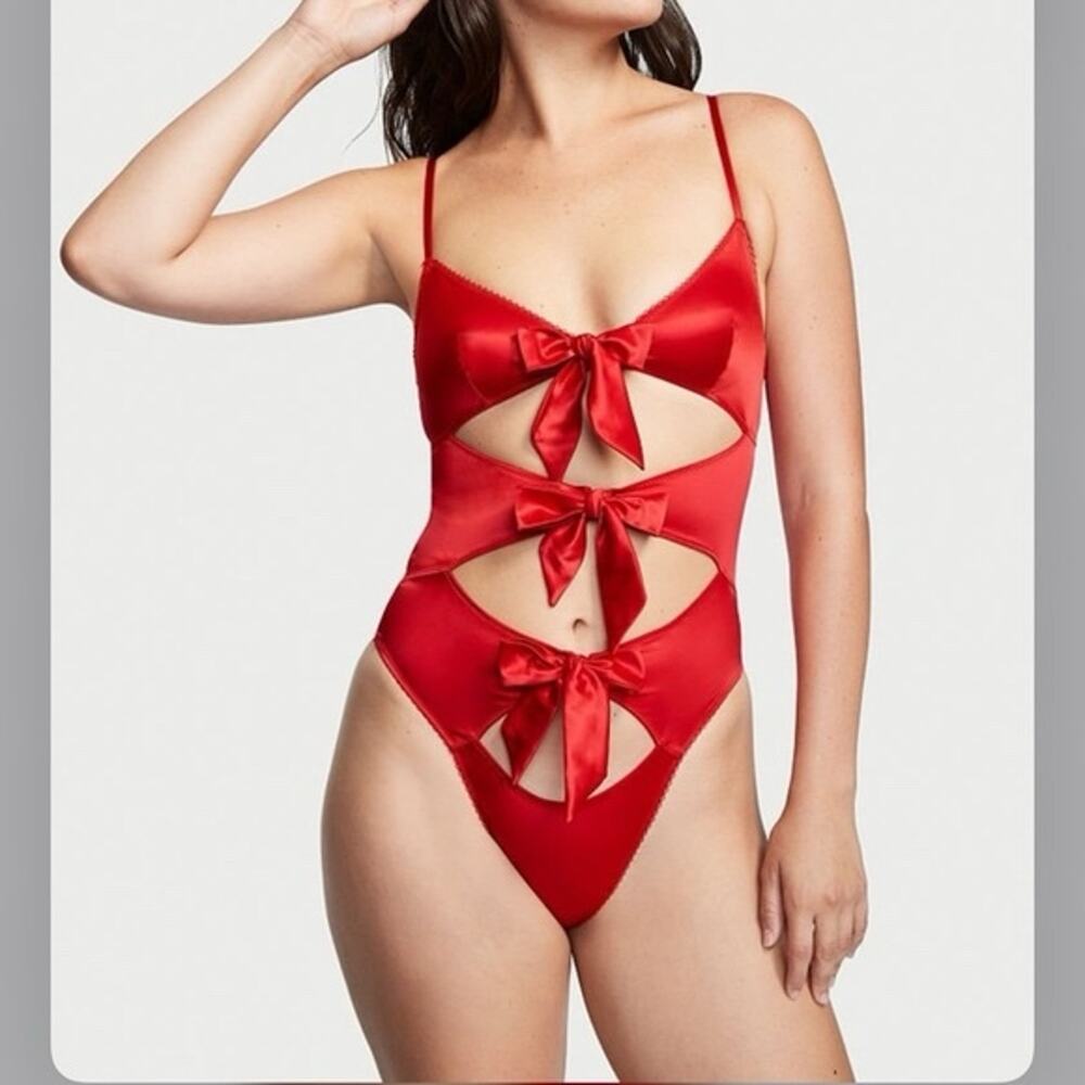 Victoria’s Secret Tied with a Bow Teddy Red Satin Cutout Bodysuit